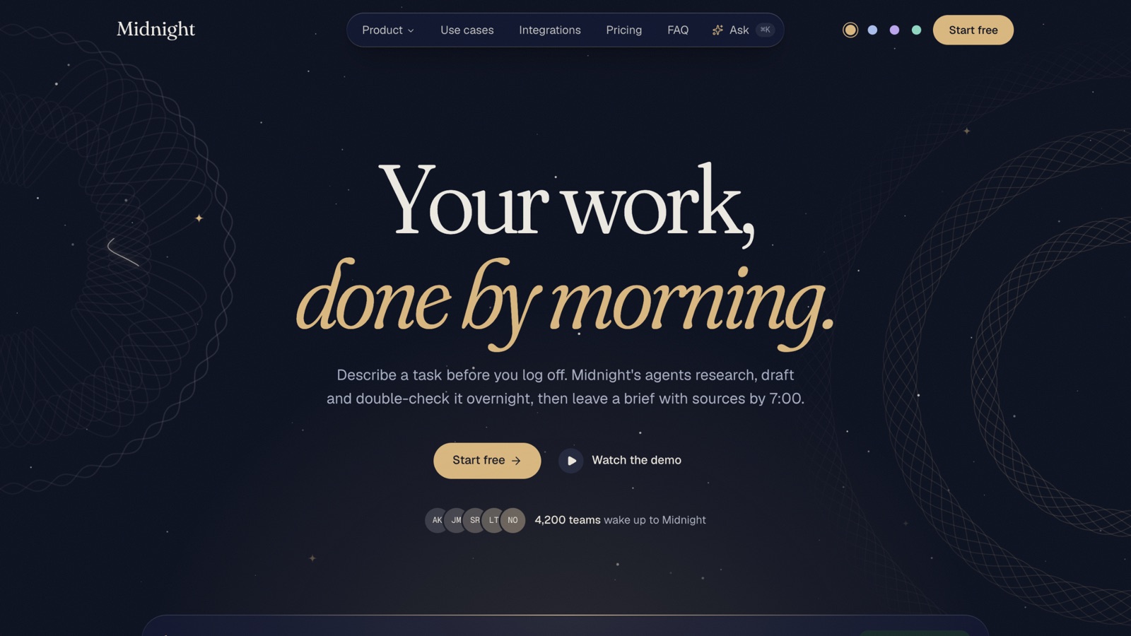 The Midnight template: the first screen of the live demo, a dark landing page with the headline “Your work, done by morning.”